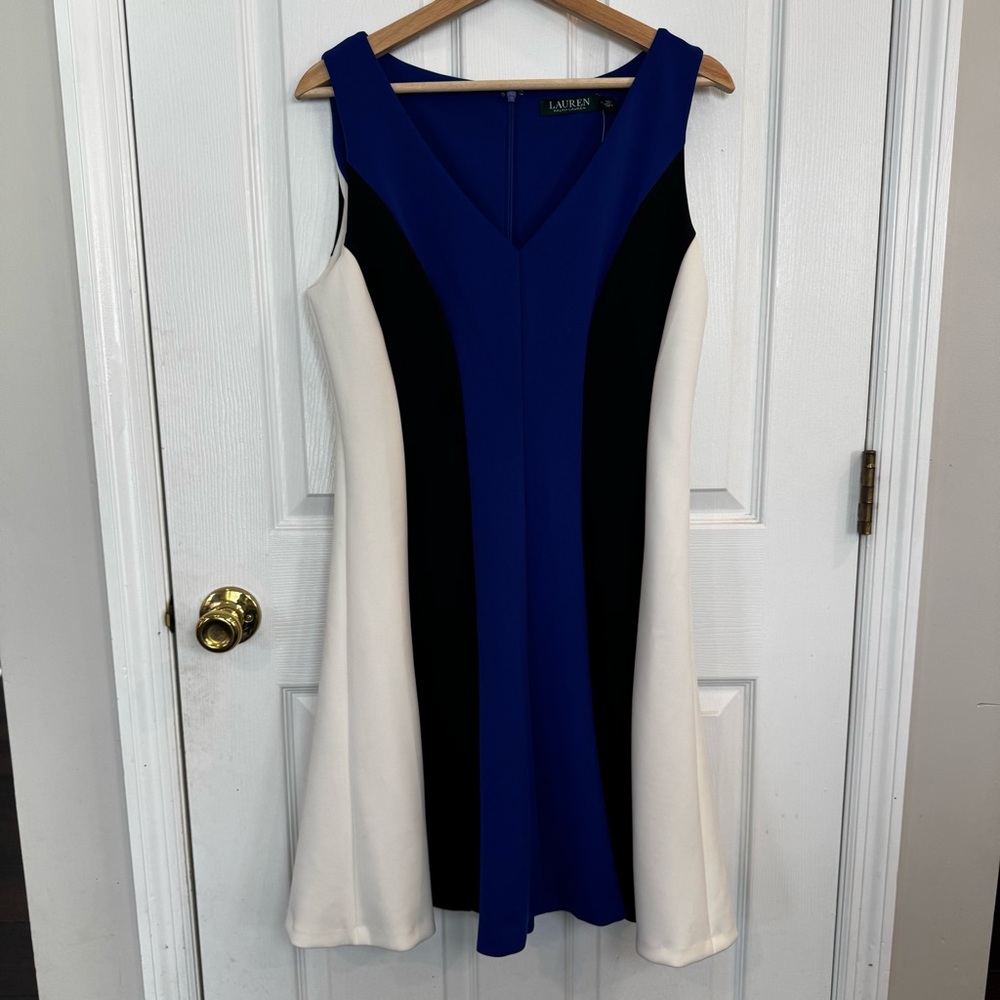 Lauren Ralph Lauren NWT Colorblock Fit Flare Dress Size 14 Blue Black White